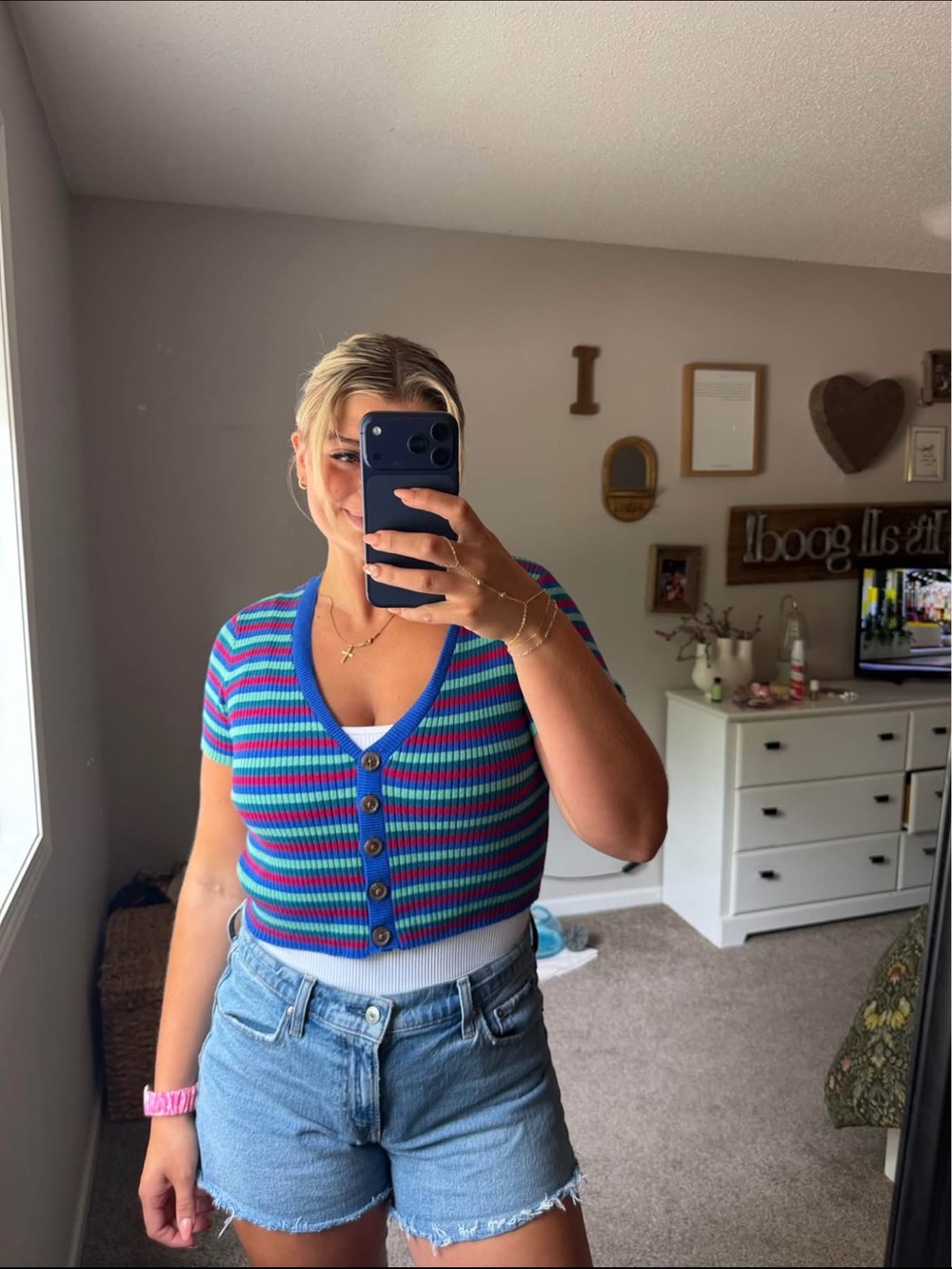 Express Striped Ribbed Top in Blue, Teal & Pink
